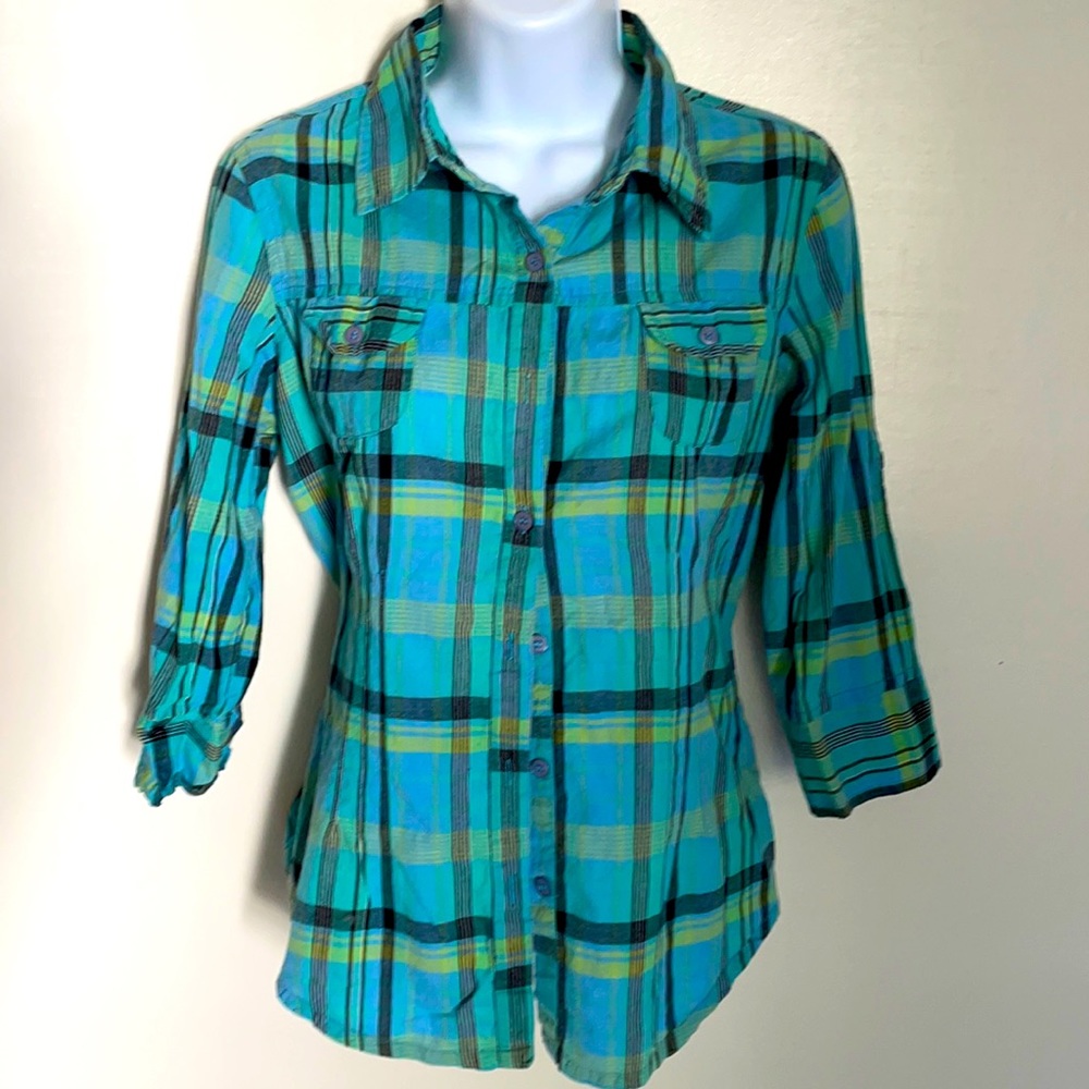 Magazine blue green 100% cotton 3/4 convertible sleeves plaid two pockets shirt